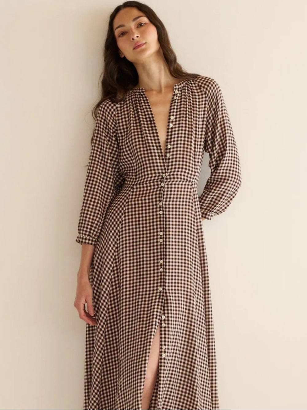 Doen Madelaine Cotton Button 3/4 Long Sleeve Midi Maxi Dress Delphine Plaid M